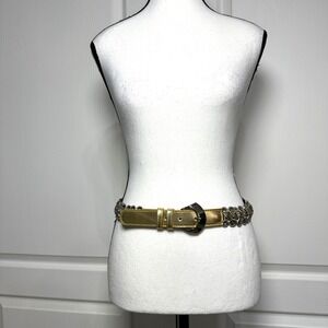 VTG 90s Gold Metallic Chain Belt M Genuine Leather Maximalist Glam Rock Disco‎